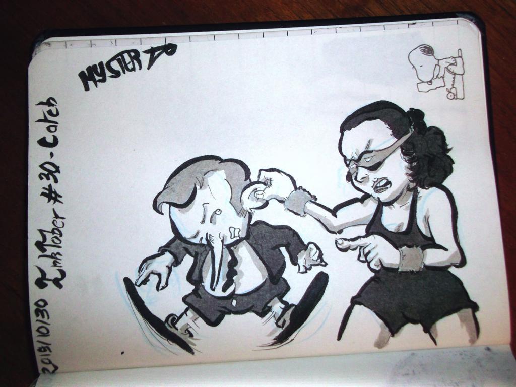 Indian ink drawing by Myster Ty: a wrestler grabs Macron by the ear, like an everyday superhero