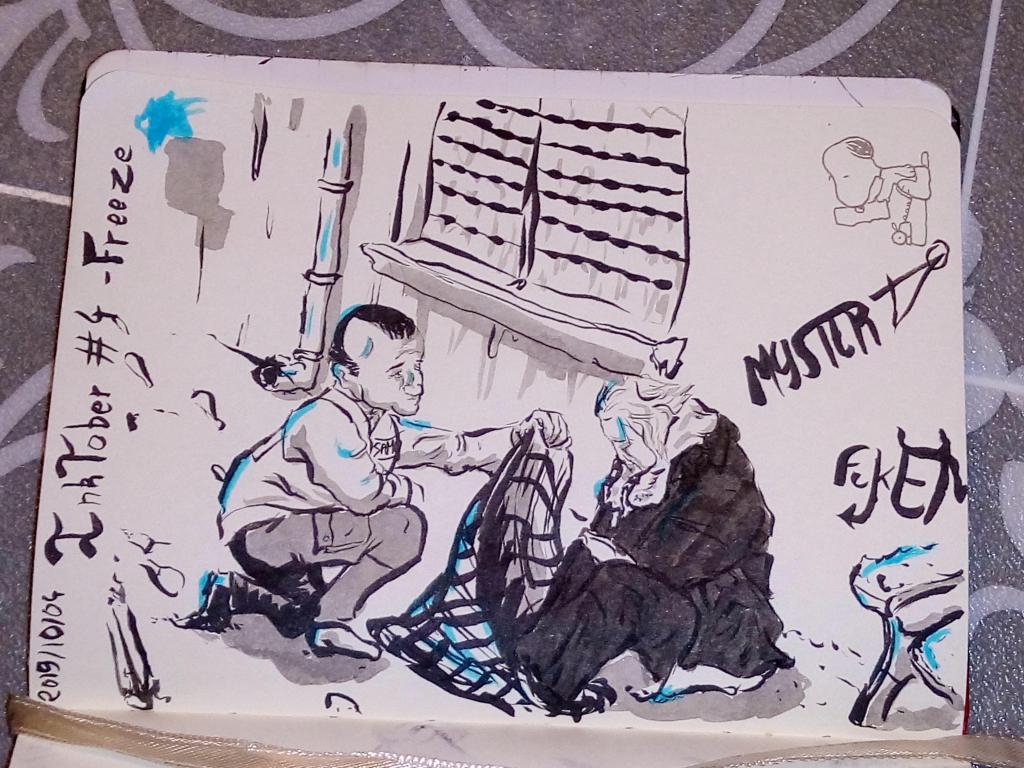Drawing by Myster Ty: a rescuer goes to see a homeless person in the street in the middle of winter under the snow. The image is modeled on that of Macron.