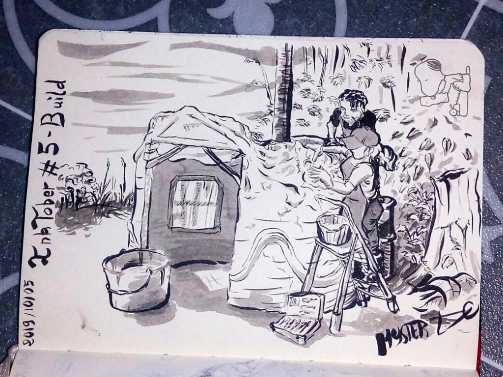 Drawing by Myster Ty: A couple makes a house out of clay and hemp in a meadow on the edge of the forest.