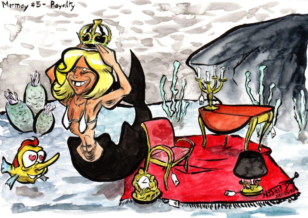 Mermay by Myster Ty: Brigitte Macron as a wrinkled little mermaid puts on a crown in front of a display of Elysée furniture on sale and a Macron - Polochon