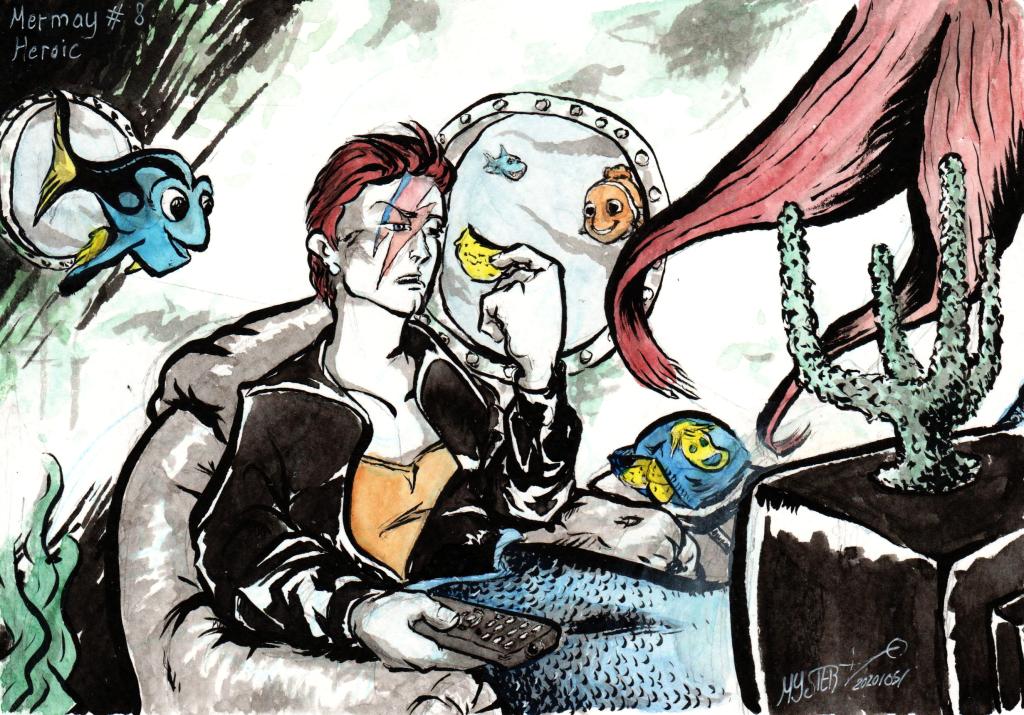 Mermay par Myster Ty : David Bowie en sirène reste chez lui et mange des chips, il peut être un héros.
