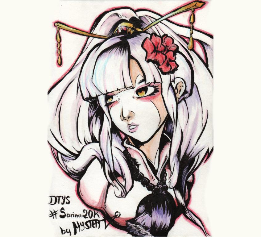 Illustration à l'aquarelle et aux crayons par Myster Ty : reprise du personnage LadyKahoru de @SorinaChan. Une femmes aux cheveux blancs maquillée et habillée comme une geisha.