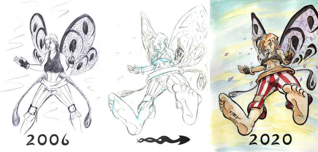 Illustration by Myster Ty: on the left, the pencil drawing of a fairy, dressed as a pirate, dated 2006. On the right, the same fairy, drawn in 2020, in a composition seen from a low angle, and in watercolor, for observed the evolution of the technique over 14 years.