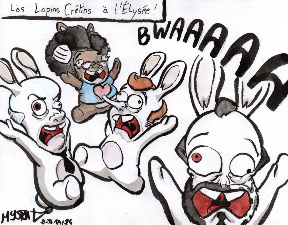 News drawing by Myster Ty: Macron, Sibeth, Philippe and Blancker, represented as raving rabbits, running in all directions screaming “bwaaaaa!”