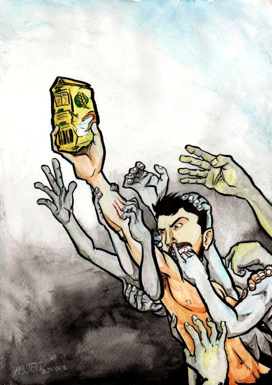 Watercolor painting by Myster Ty: The character of Myster Ty is represented in a heroic way, gloriously brandishing a packet of flour in the middle of a multitude of inhuman hands grabbing and clawing him on all sides.