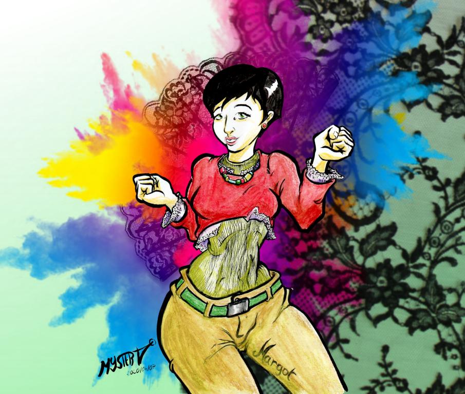 Illustration drawing by Myster Ty: A young brunette woman with a bowl cut is dancing. She wears a red low-cut sweater over a pale green surcoat and brown jeans.