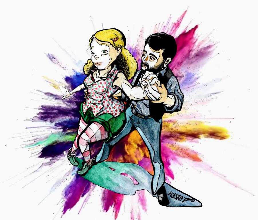 Illustration drawing by Myster Ty in watercolor: Myster Ty dances salsa with a young blonde woman. The drawing is seen from a slightly distorted angle.