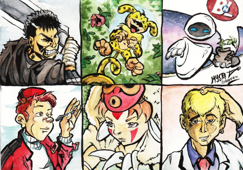 6 fanart challenge par Myster Ty : dans l'ordre : Gatsu de Berserk, le Marsupilami, E.V.E de Wall-E, Spirou, Princesse Mononoke et enfin Onizuka de G.T.O