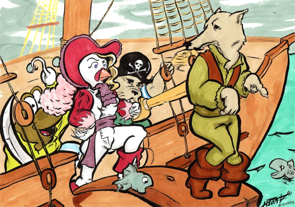 Drawing by Myster Ty with alcohol markers: An anthropomorphized wolf is pushed to the torture of the board by a pirate crew: a turkey, a walrus and a frog.