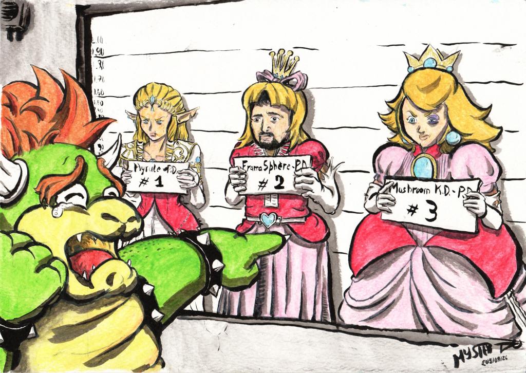 Dessin par Myster Ty : Bowser au commissariat identifie ses agresseuses. Derrière le miroir sans teint, il y a Zelda, Moi avec une perruque, et Peach.