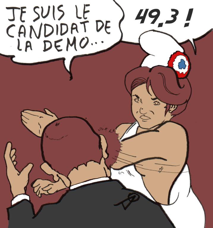 Current drawing by Myster Ty: Repeat of the same one of Batman slapping Robin with Marianne in place of Batman and Valls in place of Robin.
- Valls: “I am the candidate of the demo…”
- Marianne: “49-3”.