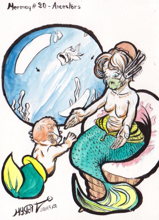 Mermay 2020, #20 - ancestors, par Myster Ty, aquarelle et encre


Une grand-mère sirène accueille sont petit fils triton encore bébé dans ses bras.