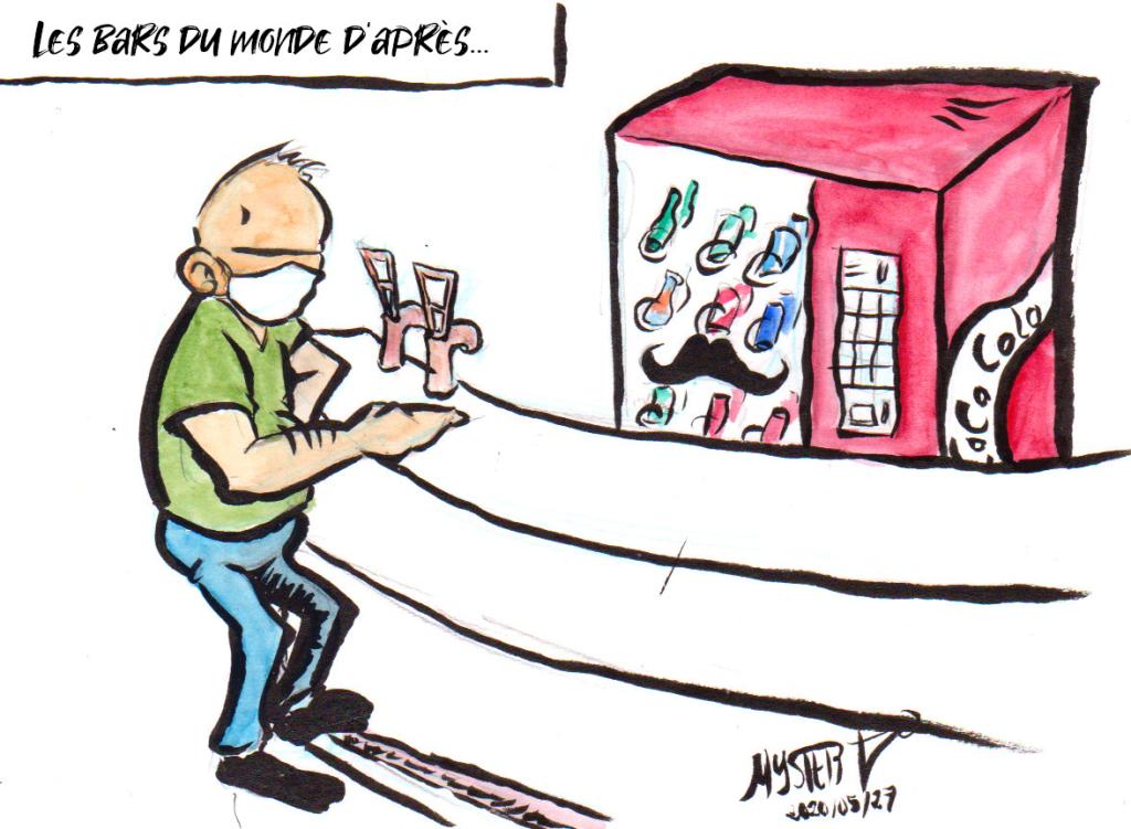 Dessin d'actu par Myster Ty.

Les bars du monde d'après.

Dans un bar, un homme avec un masque chir commande à boire à un distributeur automatique de canettes avec une fausse moustache, qui a remplacé le barman.