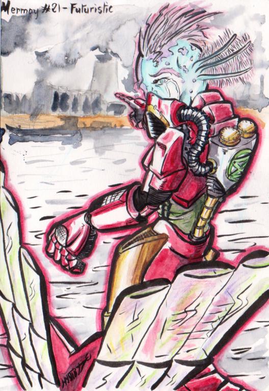 Mermay 2020 #21 - Futuristic, par Myster Ty, encre et aquarelle.

Une sirène en combinaison Iron Man avec un logo XR désigne un port sur-pollué en pleurant.