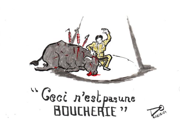 Under a drawing showing a toreador slaughtering an innocent bull: "This is not a slaughter house"