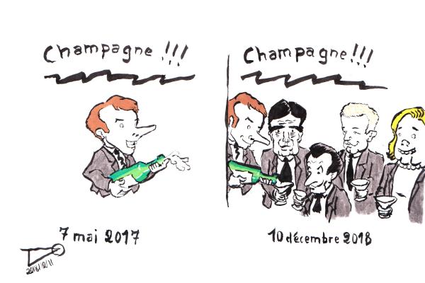 Macron, celebrating his election in 2017: "Champagne!". Macron, applying the program as far to the right as possible, pours champagne on the entire right (Fillon, Sarkozy, Wauquiez, Lepen) at the end of 2018: "Champagne!".
