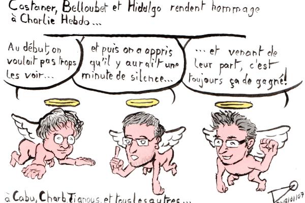 Castaner, Belloubet et Hidalgo rendent hommage aux victimes de Charlie Hebdo. Depuis le paradis, ils réagissent. Cabu : "Au début, on voulait pas trop". Charb : "Et puis on a appris qu'il y aurait une minute de silence". Tignous : "Venant de leur part, c'est toujours ça de gagné"