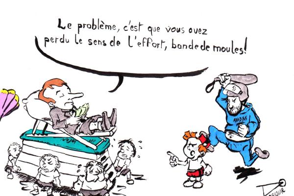 Macron, on a pommel horse carried by exhausted students: "The problem is that you have lost the sense of effort, band of mussels!". Little Spirou tries to fight back, but Bénalla in his Adadas© tracksuit runs to knock him out.
