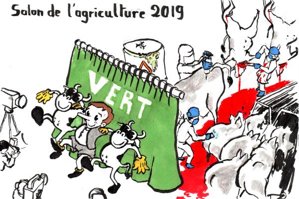 In a 1930s style cartoon, Macron dances with 2 cows in front of a "green" curtain that hides a huge butcher's shop.