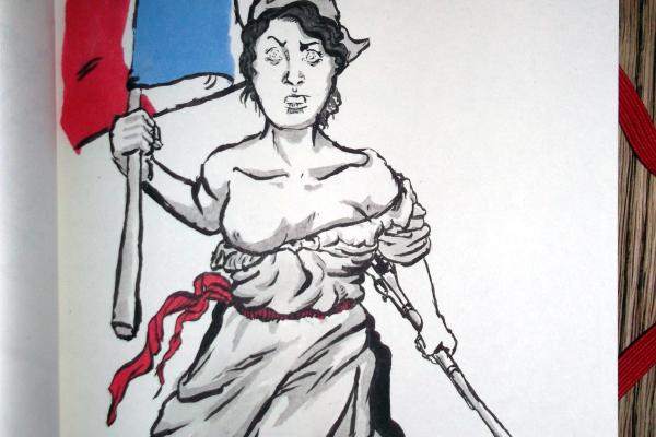 Marianne se lève, le drapeau français dans la main droite et un fusil dans la main gauche.