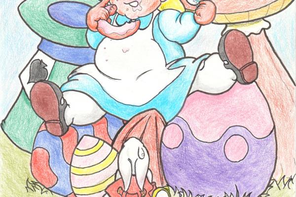 Alice, en surpoids, trônant sur une pile d'œufs en chocolats multicolores, se gavant de gâteaux donuts, une tasse de thé dans la mains, discutant avec le lapin blanc.