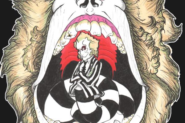 Beetlejuice, grimacing grotesquely, opens a gaping, decaying maw, revealing a snake-like tongue, a version of himself at the end of which stands erect with an arrogant smile.
