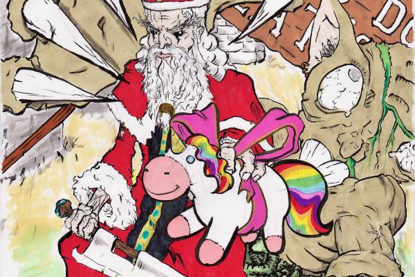 The St Nicolas, equipped with a huge knife dripping with blood, brandishes a magnificent and extremely cute stuffed unicorn with a rainbow mane, looted on the corpse of a giant goblin, while a sign reads "Christmas Dungeon: -1 population".