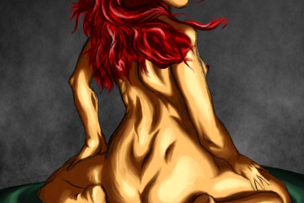 A young red-haired woman, poses naked, from behind, seated on an emerald drapery (pencil drawing, color by computer).