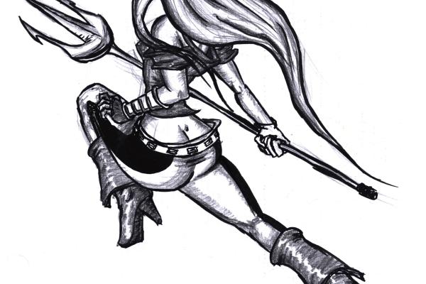 A female warrior, about to strike, armed with a trident.