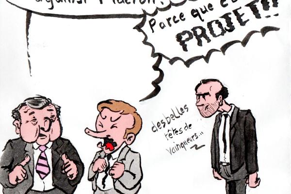 Raffarin: "Win need Macron to win against Macron" - Macron: "Because it's our project!!!!!" - Édouard Philippe: "Beautiful heads of winners..."