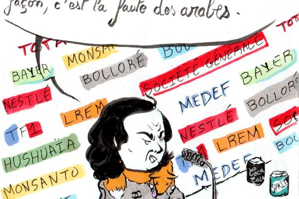 Elisabeth Levy, in an interview in front of a wall lined with ultra-polluting sponsors: "Global warming is an invention of the neo-Nazis, and anyway, it's the fault of the Arabs!"