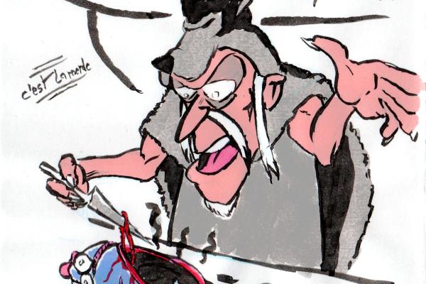The diviner of Asterix and Obélix reads the future in the entrails of a mutant fish with black blood and filled with plastic waste: "I see a black omen for our ecosystem... it's shit".