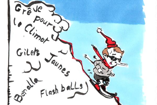 Macron fait du ski sur une courbe de sondage qui continue de descendre et alors qu'une avalanche de casseroles lui tombent dessus.