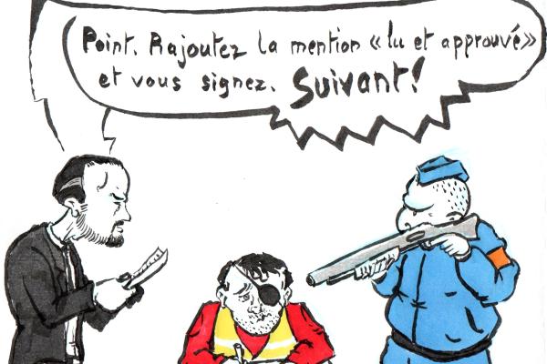 Edouard Philippe fait plier un gilet jaune sous la menace d'un CRS armé : «attendu que j'ai démocratiquement accepté de perdre un œil, je félicite le gouvernement de m'autoriser à ne plus pouvoir m'exprimer. Point. Vous rajoutez la mention "lu et approuvé" et vous signez. Suivant !»