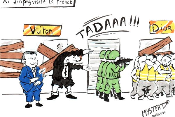 Emmanuel Macron montre fièrement l'armée braquer les manifestants Gilets Jaunes français sous les applaudissements du dictateur chinois Xi Jinping : "tadaaa !"