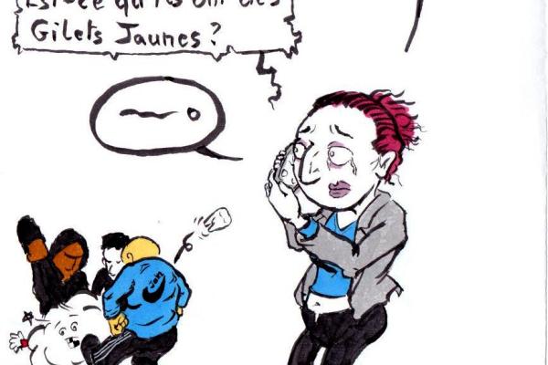 Laura Calu essaye d'appeler la police incompétente à l'aide alors que son copain se fait tabasser. La police répond : "Est-ce qu'ils ont des gilets jaunes ?"