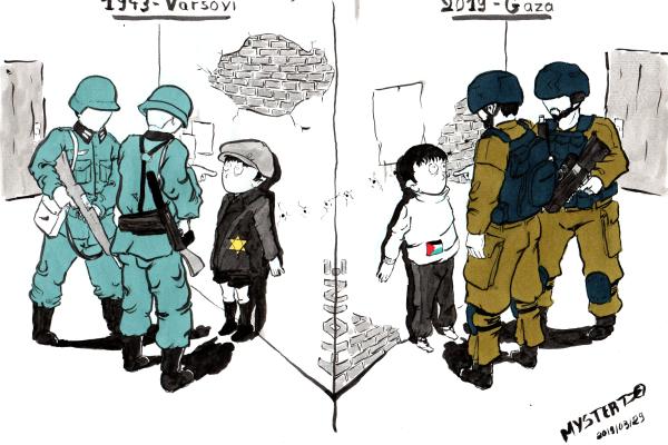 1943: Warsaw - 2019: the gaza strip. Always soldiers who hunt children out of racism, xenophobia and hatred.