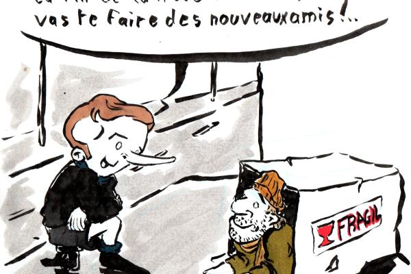 Macron, in jeans, on his knees in front of a homeless man: "Good news pretending to be, you are not affected by the price increase. In addition, with the end of the winter break, you will make new friends!"
