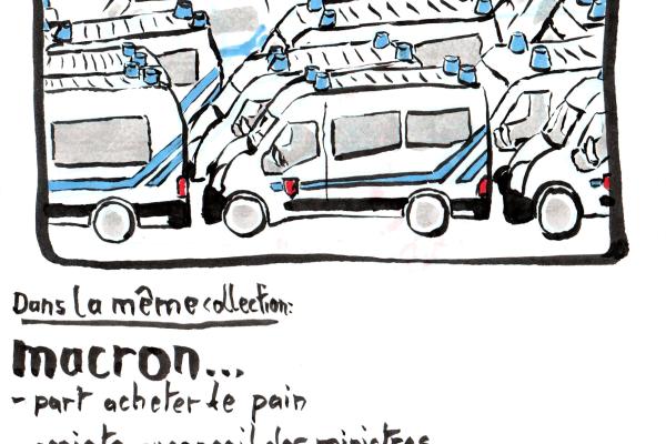 The cover of an illustrated book shows a parade of CRS coaches: the title "Macron… Voyage en Corse". In the same collection: “Macron… leaves to buy bread, attends the council of ministers, goes to poop, joins his friend Benalla, goes on a presidential hunt”