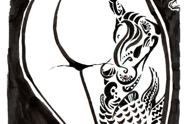 Dessin de Myster Ty à l'encre de chine : Cadré sur un fessier féminin, on voit un tatouage tribal en forme de sirène encadrant la courbe de la fesse droite.