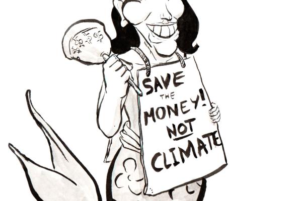 Dessin à l'encre de chine par Myster Ty : Ségolène Royale, caricaturée en sirène, balance une clochette frappée de "$" tout son pourtour. Elle affiche un panneau "Save the money, NOT the climate".