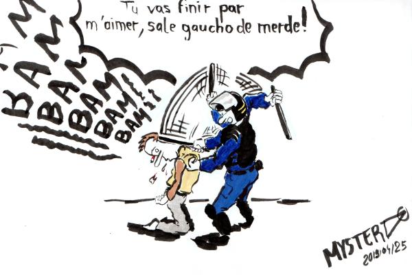 Drawing by Myster Ty: A crs, bludgeoning a yellow vest protester: "You're going to end up loving me, you fucking leftist!?"
