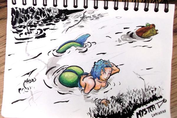 Indian ink and watercolor drawing by Myster Ty: A mermaid sticks her head out of the water in a river. She has blue, wavy hair and an emerald green colored fishtail. A green frog is visible on a driftwood a little further.
