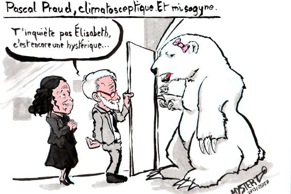 Dessin de Myster Ty : Pascal Praud, devant Élysabeth Levy, ouvrant sa porte découvre un ourse polaire avec un nœud rose dans ses cheveux : "T'inquiètes Élysabeth, c'est encore une hystérique"