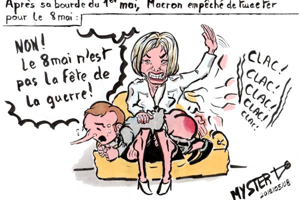 Drawing by Myster Ty: Brigitte Macron, ass-spanking little Emmanuel who is whining: "No, May 8 is not War Day!"