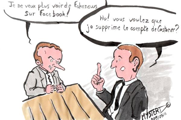 Drawing of Myster Ty:
- Macron: "I no longer want to see fake news on Facebook"
- Zuckerberg: "Ho! You want me to delete Castaner's account?"