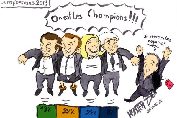 Dessin d'actu par Myster Ty : Yannick Jadot de EELV (13%), Macron (22%), Lepen (24%) et Laurent Wauquiez (8%) fêtent leur victoires, bras-dessus bras dessous en chantant : "On est les champions !"