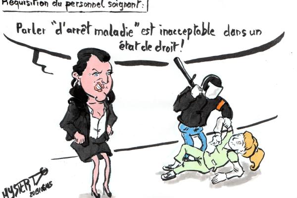 News drawing by @Myster Ty:
- Agnès Buzyn, in front of a cop who bludgeons a nurse: "Talking about sick leave is unacceptable in a state of law"