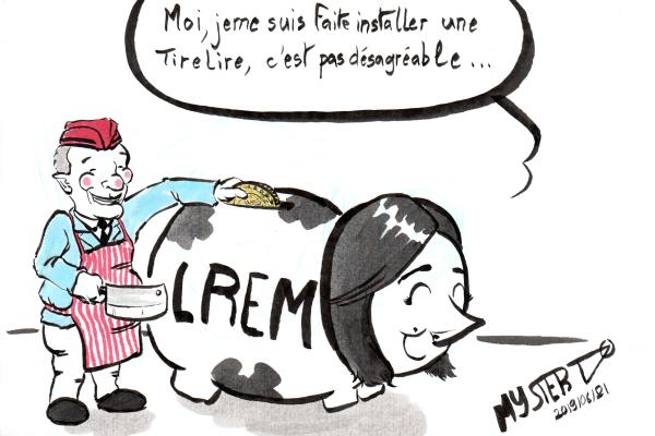 News drawing by Myster Ty:
- Brune Poirson, caricatured as a cow-piggy bank: "I had a piggy bank installed, it's not unpleasant"
- At the same time, a butcher deposits money in the so-called piggy bank.