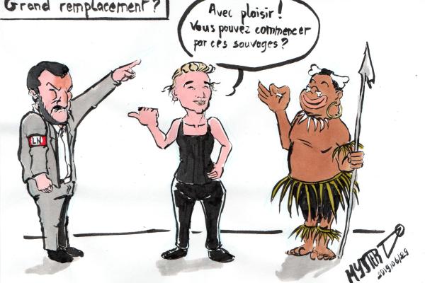 News drawing by Myster Ty: Great Replacement
A fascist demands the departure of the refugees, Carola Racketé in the center, a stereotypical Central African refugee according to the colonial vision on the right
- Carola Raquete asks the refugees to "replace" these "savages" who are the fascists.